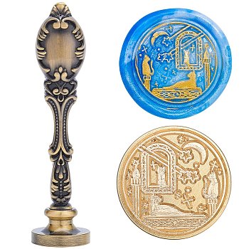 DIY Scrapbook, Brass Wax Seal Stamp and Alloy Handles, Cat and Window Pattern, Antique Bronze, 103mm, Stamps: 2.5x1.45cm