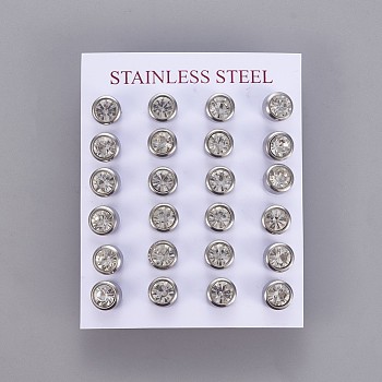 304 Stainless Steel Rhinestone Stud Earrings, with Ear Nuts/Earring Back, Flat Round, Stainless Steel Color, 8mm, Pin: 0.8mm, 12pairs/card