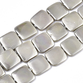 Spray Painted Shell Pearl Beads Strands, Square, Light Grey, 15x15x3.5mm, Hole: 0.8mm, about 24pcs/Strand, 14.57 inch(37cm)