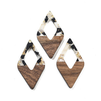 Walnut Wood Pendants, Resin and Gold foil, Rhombus, Black, 47.5x25.5x3.5mm, Hole: 2mm