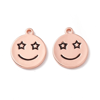 Rack Plating Eco-friendly Brass Pendants, Cadmium Free & Lead Free, Flat Round with Smiling Face, Real Rose Gold Plated, 16.5x14x1.5mm, Hole: 1.5mm