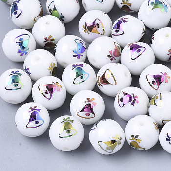 Christmas Opaque Glass Beads, Round with Electroplate Christmas Bell Pattern, Multi-color Plated, 10mm, Hole: 1.2mm