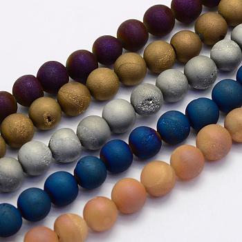 Electroplate Natural Druzy Agate Beads Strands, Round, Frosted, Mixed Color, 8mm, Hole: 1mm, about 45~48pcs/strand, 14.9 inch(38cm)