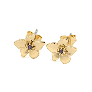 Brass Micro Pave Cubic Zirconia Ear Studs, Flower, Golden, Dark Slate Blue, 8.5x10.5mm