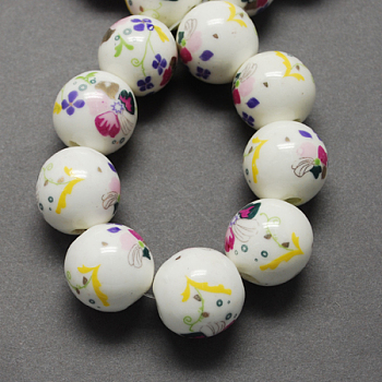 Handmade Printed Porcelain Beads, Round, Cerise, 12mm, Hole: 2mm