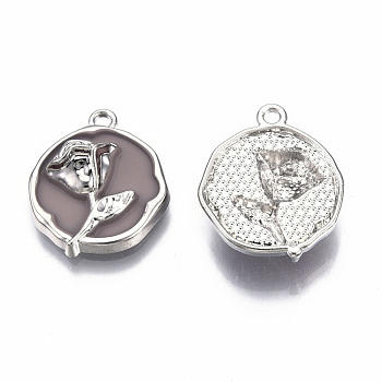 Rack Plating Alloy Enamel Pendants, Cadmium Free & Lead Free, Platinum, Flat Round with Rose, Rosy Brown, 21.5x18.5x5.5mm, Hole: 1.6mm