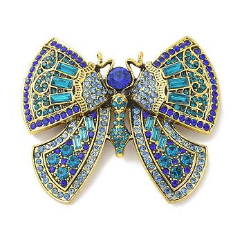 Butterfly Alloy Rhinestone Brooches for Backpack Clothes, Indicolite, 59x67.5mm