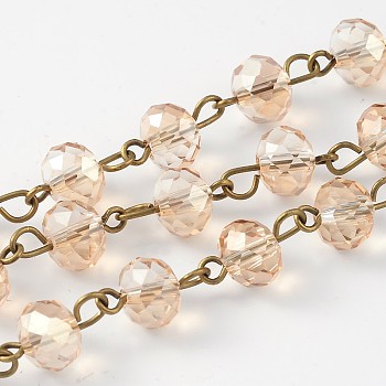 Handmade Glass Beaded Chains, Unwelded, with Brass Needle, Antique Bronze, PeachPuff, 39.37 inch, 1m/strand
