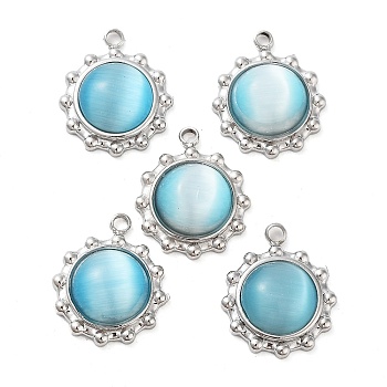 304 Stainless Steel with Cat Eye Pendants, Oval, Light Blue, 15x12.5x4mm, Hole: 1.5mm