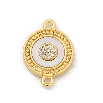 Brass Micro Pave Clear Cubic Zirconia Connector Charms, with Shell, Real 18K Gold Plated, Flat Round, 16x11.5x2.5mm, Hole: 1.2mm