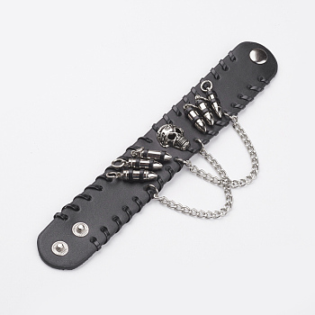 Punk Rock Style Cowhide Leather Rivet Bracelets, with Alloy & Iron Findings, Black, 220x35x2mm(8-5/8 inchx1-3/8 inch)