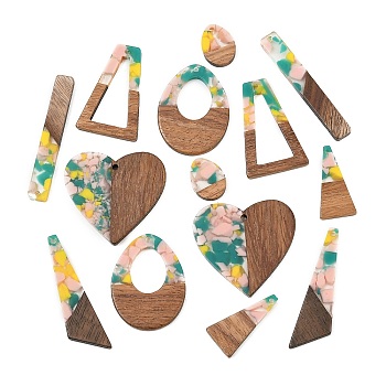 Walnut Wood & Transparent Resin Pendants, Mixed Shapes Charm, Mixed Color, 17.5~52x7.5~39.5x3~3.5mm, Hole: 2mm, about 14pcs/set