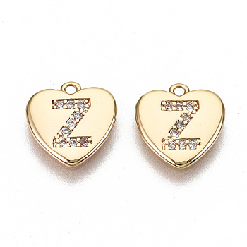 Brass Micro Pave Clear Cubic Zirconia Charms, Nickel Free, Real 18K Gold Plated, Flat Heart, Letter.Z, 10x10x1mm, Hole: 1mm