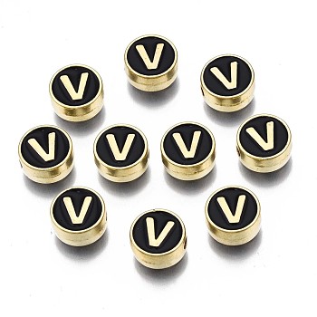 Alloy Enamel Beads, Cadmium Free & Lead Free, Light Gold, Flat Round with Alphabet, Black, Letter.V, 8x4mm, Hole: 1.5mm