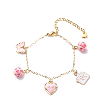 Word Love Heart Butterfly Alloy Enamel Charms Bracelet with Resin Beads, Valentine Theme Jewelry for Women, Pink, 6-3/4 inch(17.2cm)