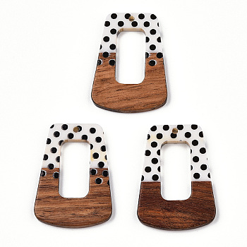 Printed Opaque Resin & Walnut Wood Pendants, Hollow Trapezoid Charm with Polka Dot Pattern, White, 37.5x27.5x3.5mm, Hole: 2mm