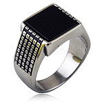 304 Stainless Steel with Natural Obsidian Finger Rings, Square, Antique Silver, US Size 11(20.6mm)(FS-WGC2D4C-15)