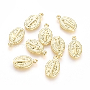 Brass Charms, Long-Lasting Plated, Miraculous Medal, Oval with Virgin Mary, Real 18K Gold Plated, 14x8x1.5mm, Hole: 1.2mm(X-KK-G389-24G)
