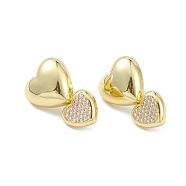 Heart Rack Plating Brass Cubic Zirconia Stud Earrings for Women, Long-Lasting Plated, Lead Free & Cadmium Free, Real 18K Gold Plated, 24.5x16x5mm, Pin: 0.8mm(EJEW-K245-14G)