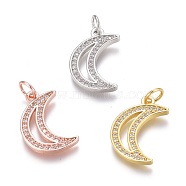 Brass Micro Pave Clear Cubic Zirconia Pendants, Long-Lasting Plated, With Jump Rings, Moon, Mixed Color, 17x11.5x1.5mm, Hole: 3mm, Jump Ring: 5x1mm(ZIRC-Z008-24)