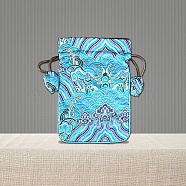 Chinese Style Brocade Drawstring Gift Blessing Bags, Landscape Print Jewelry Storage Pouches for Wedding Party Candy Packaging, Rectangle, Cyan, 15x10cm(PW-WG24924-02)