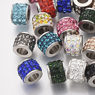 304 Stainless Steel Beads, with Polymer Clay Rhinestone, Column, Mixed Color, 5.5x7mm, Hole: 3.5mm(X-STAS-T050-007)