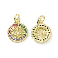 Brass Micro Pave Colorful Cubic Zirconia Pendants, with Jump Ring, Flat Round with Tree Charms, Real 18K Gold Plated, 15x12x2mm, Hole: 3.2mm(KK-E068-VF091)