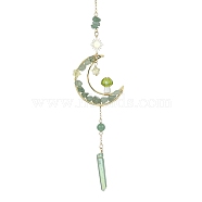Wire Wrapped Green Natural  Aventurine Chips & Brass Moon Pendant Decorations, with Nuggets Electroplated Natural Quartz Crystal and Mushroom Charms, 271~284mm(HJEW-TA00103-02)