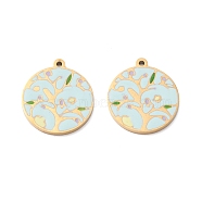 Vacuum Plating 304 Stainless Steel Enamel Pendants, Manual Polishing, Flat Round with Tree, Real 18K Gold Plated, 18x16x1mm, Hole: 1.2mm(STAS-P295-11G)
