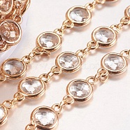 Brass Handmade Beaded Chains, Soldered, with Spool, Long-Lasting Plated, Cadmium Free & Lead Free, with Cubic Zirconia, Flat Round, Light Gold, 12.5x7.5~8x3mm, about 16.4 Feet(5m)/roll(CHC-G001-19KCG-RS)