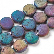 Electroplated Natural Quartz Crystal Beads Strands, Druzy Geode Crystals, Flat Round, Multi-color Plated, 11.5~12.5x5mm, Hole: 1.2mm, about 16pcs/strand, 7.59 inch(19.5cm)(G-E499-01B)