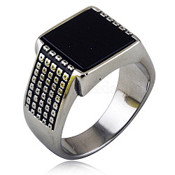 304 Stainless Steel with Natural Obsidian Finger Rings, Square, Antique Silver, US Size 11(20.6mm)(FS-WGC2D4C-15)