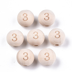 Unfinished Natural Wood European Beads, Large Hole Beads, Laser Engraved Pattern, Round with Number, Num.3, 15~16x14~15mm, Hole: 4mm(WOOD-S045-141A-3)