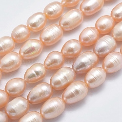 Natural Cultured Freshwater Pearl Beads Strands, Rice, Light Salmon, 8~13x7mm, Hole: 0.8mm, about 42pcs/strand, 14 inch(35.5cm)(PEAR-F007-85A-01A)