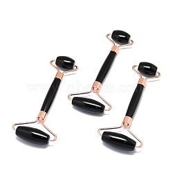Natural Obsidian Massage Tools, Facial Rollers, with Brass Findings, for Face, Eyes, Neck, Body Muscle Relaxing, Rose Gold, 137x39~59mm(G-H268-A05-G)