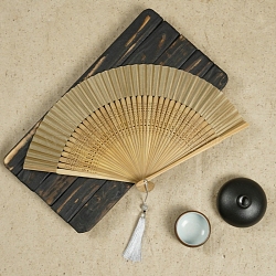 Chinese Style Wood Folding Fan with Tassel, for Party Wedding Dancing Decoration, Tan, 210mm(PW-WG4D112-06)