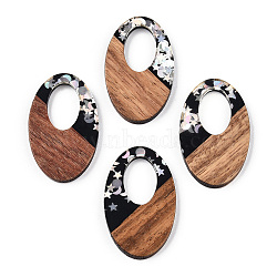 Opaque Resin & Walnut Wood Pendants, Oval Charms with Stars & Moon & Sun Paillettes, Silver, 35.5x22x3.5mm, Hole: 16x10mm(RESI-N039-62C)