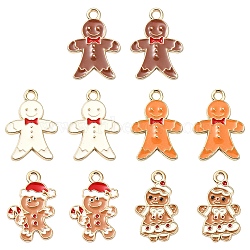 10Pcs 5 Styles Alloy Enamel Pendants, for Christmas, Light Gold, Gingerbread Man, Mixed Color, 20~20.5x11.5~14x1~2mm, Hole: 2mm, 2pcs/style(FIND-YW0005-43)