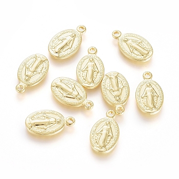 Brass Charms, Long-Lasting Plated, Miraculous Medal, Oval with Virgin Mary, Real 18K Gold Plated, 14x8x1.5mm, Hole: 1.2mm