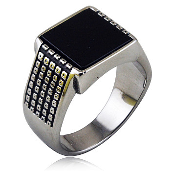 304 Stainless Steel with Natural Obsidian Finger Rings, Square, Antique Silver, US Size 11(20.6mm)