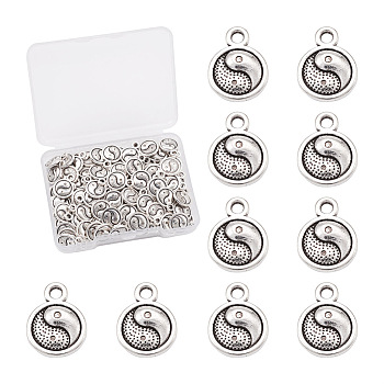 Craftdady 100Pcs Tibetan Style Alloy Charms Pendants, Flat Round Carved Yin Yang, Cadmium Free & Nickel Free & Lead Free, Antique Silver, 10x2.5mm, Hole: 2mm, 100pcs