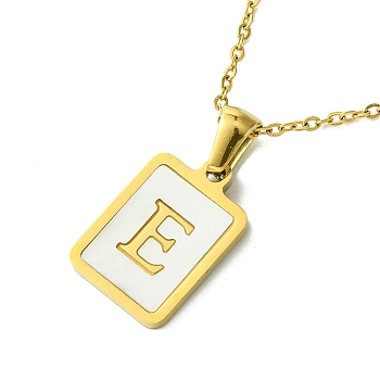 Ion Plating(IP) Rectangle with Initial Letter 304 Stainless Steel Pendant Necklace, white Shell, Real 18K Gold Plated, Letter E, 16.06 inch(40.8cm)
