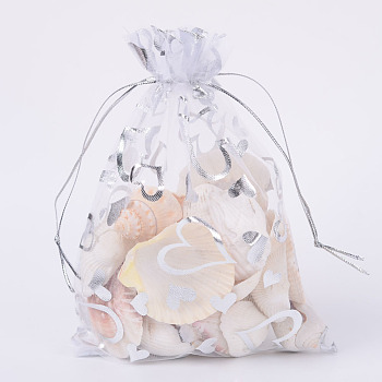 Heart Printed Organza Bags, Gift Bags, Rectangle, White, 18x13cm
