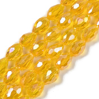 Transparent Electroplate Glass Beads Strands, AB Color Plated, Faceted, Teardrop, Gold, 5~6x4mm, Hole: 0.9mm, about 65~67pcs/strand, 15.35~16.4''(39~41cm)