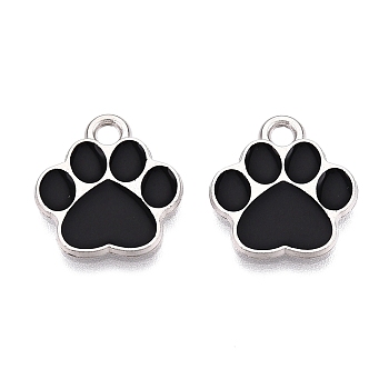 Alloy Enamel Pendants, Platinum, Lead Free & Cadmium Free, Paw Print Charm, Black, 15.5x14x1mm, Hole: 2mm