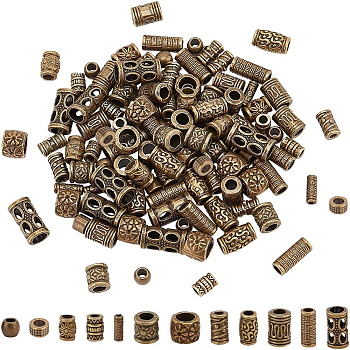 Elite 120Pcs 12 Styles Tibetan Style Alloy Tube Beads, Column & Barrel & Rondelle, Antique Bronze, 4.5~15x3.5~9.5mm, Hole: 1.5~5.5mm, 10pcs/style