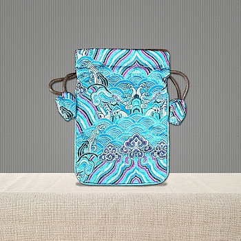 Chinese Style Brocade Drawstring Gift Blessing Bags, Landscape Print Jewelry Storage Pouches for Wedding Party Candy Packaging, Rectangle, Cyan, 15x10cm