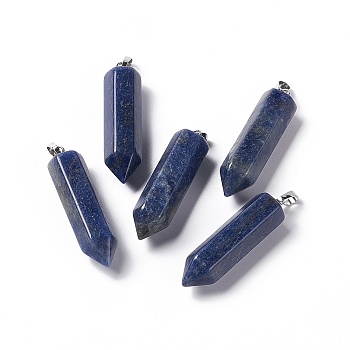 Natural Sodalite Double Terminated Pointed Pendants, with Platinum Tone Brass Findings, Bullet, 39x10x10mm, Hole: 3x6mm