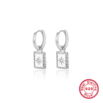 Rhodium Plated 925 Sterling Silver Dangle Hoop Earrings, Rectangle with Star Drop Earrings, Platinum, 22x9mm