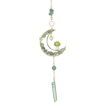 Wire Wrapped Green Natural  Aventurine Chips & Brass Moon Pendant Decorations, with Nuggets Electroplated Natural Quartz Crystal and Mushroom Charms, 271~284mm